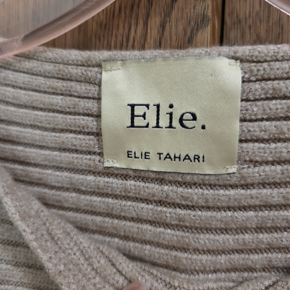 ELIE TAHARI | Tan Ribbed Long Sleeve Crewneck Sweater - Women's Large - Picture 6 of 7